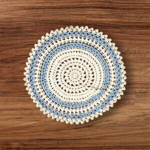 vintage crochet doily blue circle cottage Farmhouse granny dresser Estate